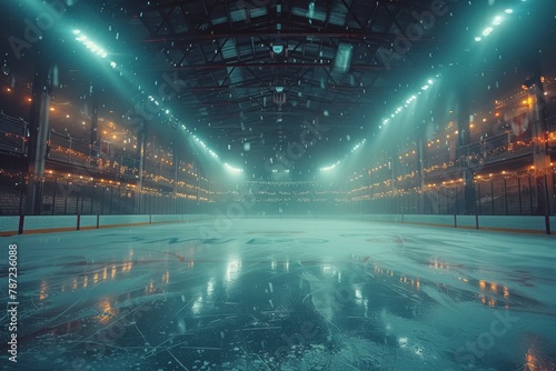 The atmospheric glow and reflections of lights in an empty ice hockey rink produce a sense of anticipation before the game photo
