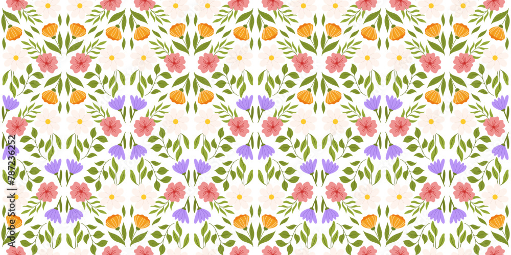Seamless design with floral elements. Botanical-inspired recurring pattern with lilac, orange, and white flowers, pink cherry blossom, assorted leaves. Seamless design with floral elements. Botanical-inspired recurring pattern with lilac, orange, and white flowers, pink cherry blossom, assorted leaves.