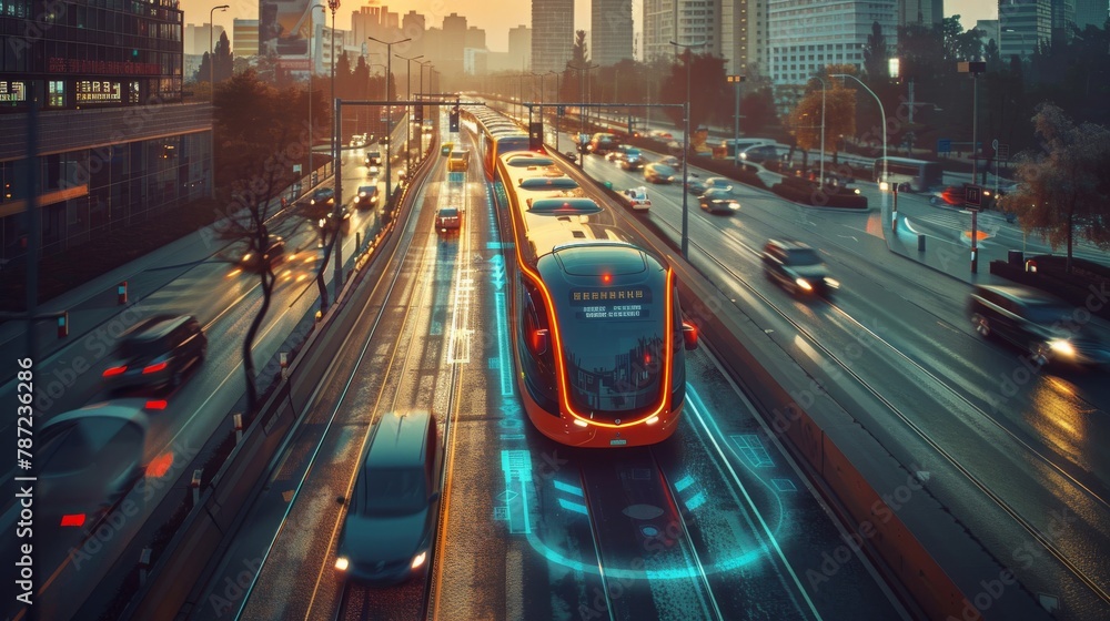 A visionary urban landscape with self-driving buses and smart traffic management technologies improving accessibility and reducing congestion