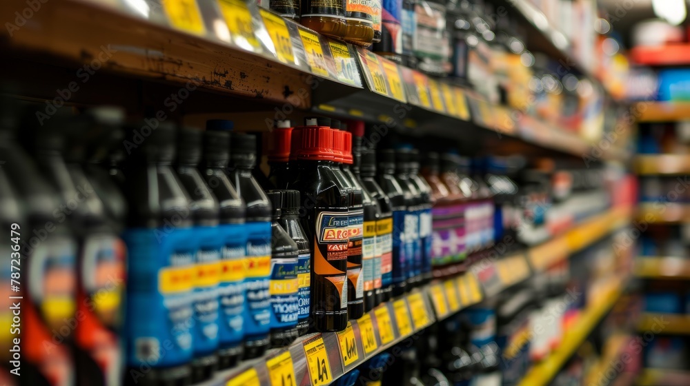 Various brands and types of motor oil bottles neatly arranged on shelves in a store
