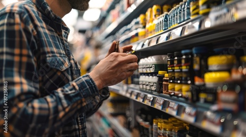 A man carefully looks at the shelves of a grocery store, searching for products