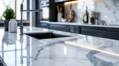 A closeup of pristine marble countertops in a contemporary kitchen, showcasing intricate veining and a glossy sink