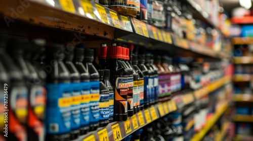 Various brands and types of motor oil bottles neatly arranged on shelves in a store