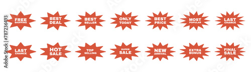Collection of starbust badge label for sale promotion. Red silhouette stickers set with text.