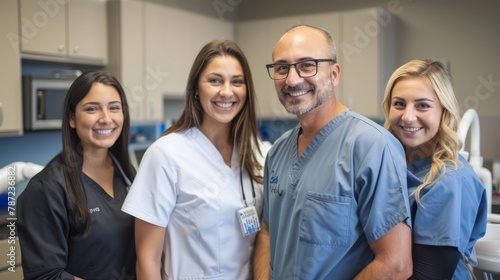 Male dentist and two female dental assistants standing together in a dental office room © Ilia Nesolenyi