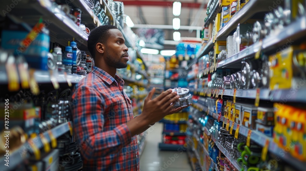 A man examines shelves in a well-lit store aisle, holding a can of soda