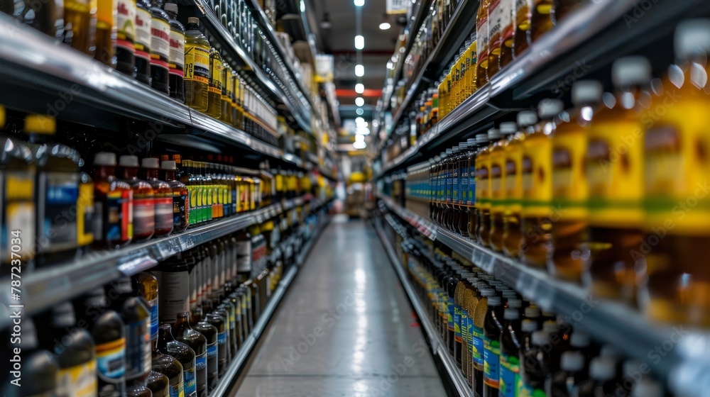 A grocery aisle filled with rows of bottles of beer displayed on shelves