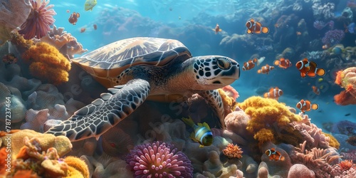 A lively underwater world scene where a sea turtle swims among colorful tropical fish and vibrant coral reefs, depicting ocean life