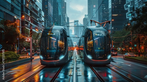 A visionary cityscape where self-driving buses and smart traffic systems create a more connected and accessible urban environment photo