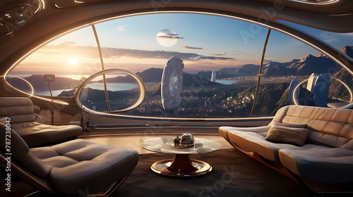 Plan a virtual space station lounge with anti-gravity seating and panoramic views of Earth © MUHAMMADUMAR