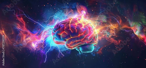Human brain with colorful lightning flowing through the gaps. Generate AI image #787238209