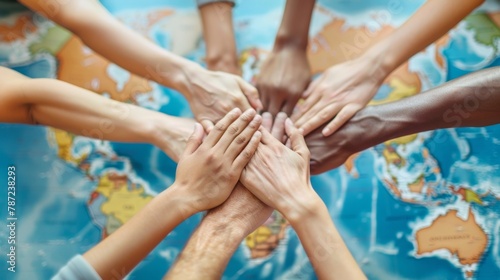 Defocused image of a group of hands forming a circle representing the bond and cooperation that exists a people from all corners of the world. The blurred backdrop of a map highlights . photo