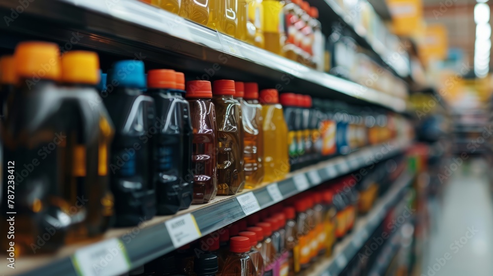 A store shelf filled with various types of drinks such as sodas, juices, energy drinks, and bottled water