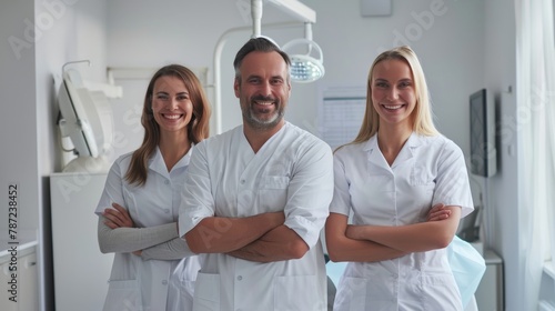 A group of doctors  including a male dentist and two other professionals  standing together in a relaxed yet professional pose