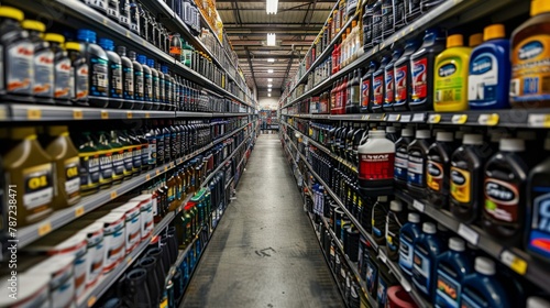 Overhead view of a large aisle in a store filled with numerous bottles of liquid, showcasing a variety of motor oil products