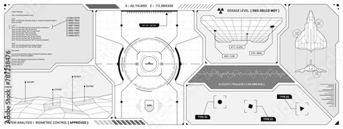VR HUD futuristic control panel. Technology head up display target and UI command center screen. GUI digital virtual reality interface hi tech visor template. FUI Sci Fi starship cockpit eps dashboard