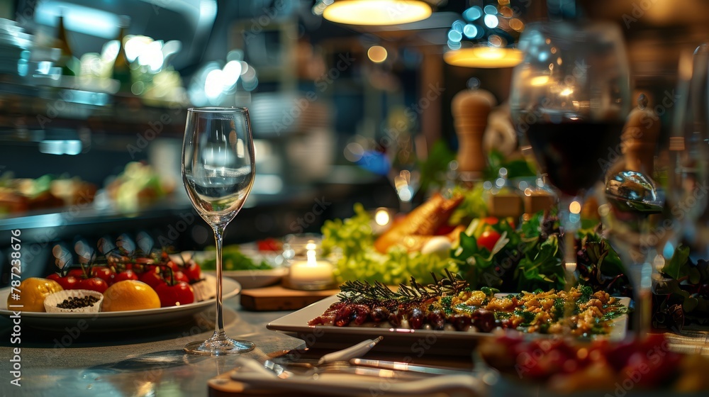 A table adorned with plates of food and glasses of wine, captured from an end perspective to showcase the culinary spread