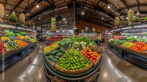 A grocery store filled with an abundance of fresh fruits and vegetables displayed on shelves and tables