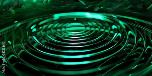 Abstract green glowing lines in the dark, creating circular ripples and circles on black background. 