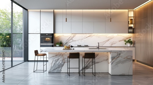A panoramic view of a modern kitchen featuring a sleek marble countertop and stylish bar stools © Ilia Nesolenyi