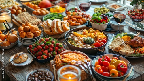 A panoramic view of a table brimming with a diverse selection of culinary delights, showcasing a wide array of dishes and flavors