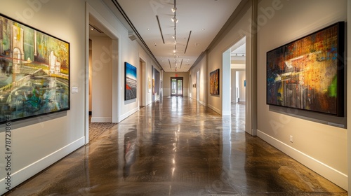A long hallway lined with paintings on the walls, stretching as far as the eye can see