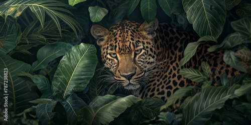 A prowling leopard's captivating gaze amidst dense greenery portrays the essence of wildness and stealth in nature
