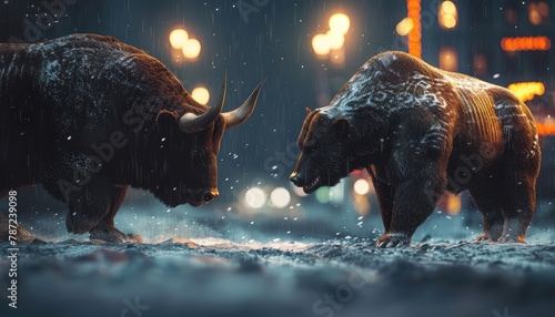 Bull vs Bear Markets, Illustrate the concept of bull and bear markets with contrasting images of bullish and bearish symbols, representing periods of rising and falling stock prices respectively photo