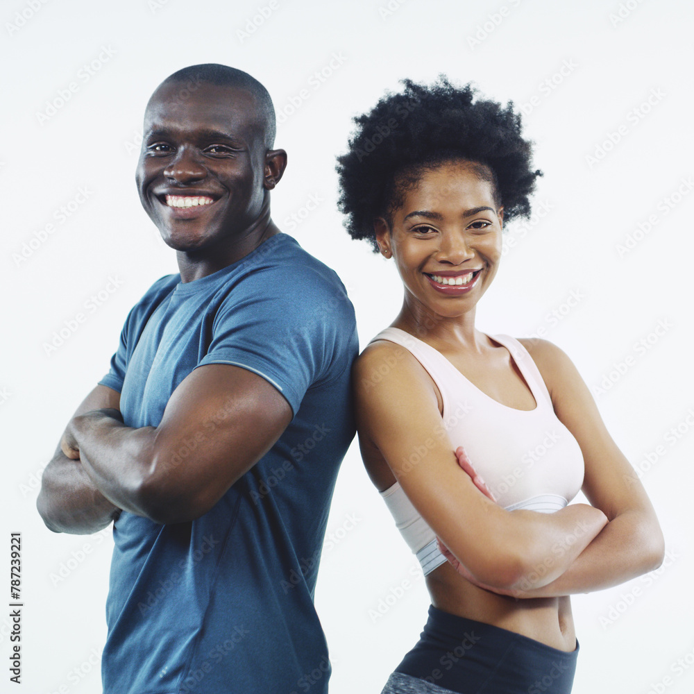 Black couple, portrait and fitness with confidence for workout, exercise or training on a white studio background. African man, woman or professional with smile or arms crossed in health and wellness Black couple, portrait and fitness with confidence for workout, exercise or training on a white studio background. African man, woman or professional with smile or arms crossed in health and wellness