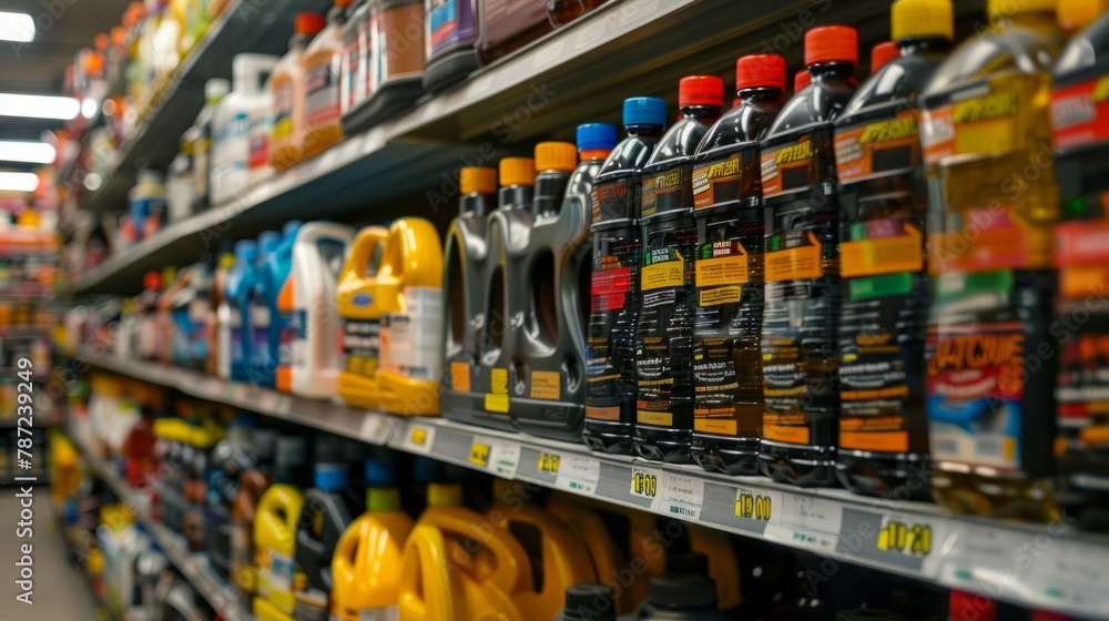A store filled with various types of oils displayed on shelves, showcasing a wide range of motor oil products