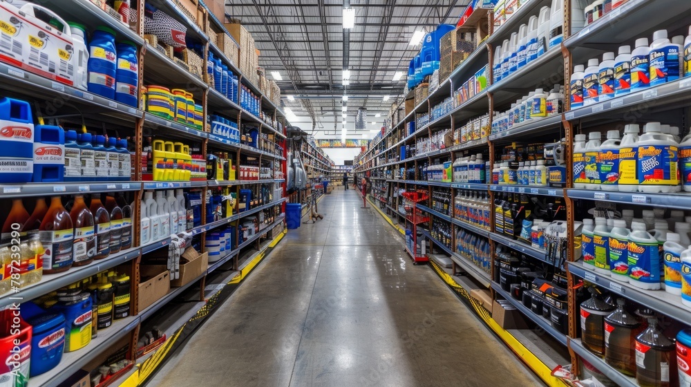 A wide angle shot of a grocery store aisle brimming with diverse food products neatly arranged on shelves