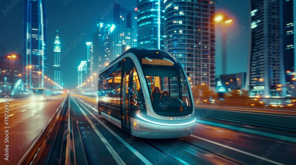A city at the forefront of innovation with self-driving buses and intelligent traffic management solutions driving sustainable urban mobility - obrazy, fototapety, plakaty 
