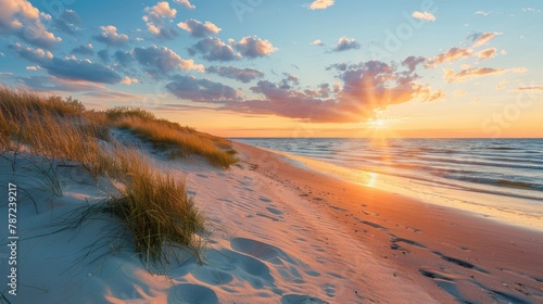 A beautiful sunset on the beach of the Sobieszewo Island at the Baltic Sea at spring. Poland photo