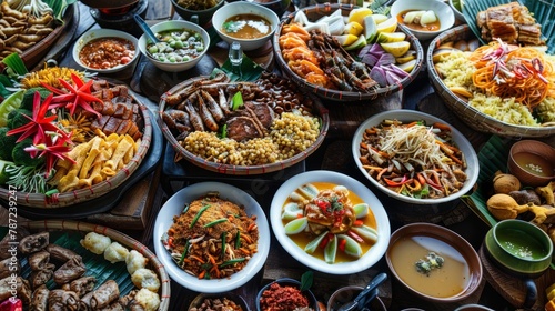 A table is filled with an assortment of different types of food, showcasing a diverse culinary spread from various cultural cuisines