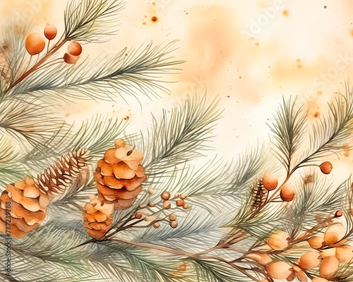 A painting of pine trees with cones and berries