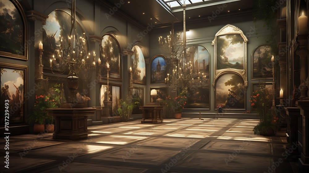 Renaissance Art Gallery:  an art gallery-inspired space with intricate frescoes, marble columns, and dramatic lighting, showcasing a collection of Renaissance artworks
