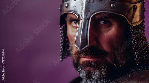 Epic close-up photoshoot of a courageous knight character looking directly at the camera against a regal purple background.