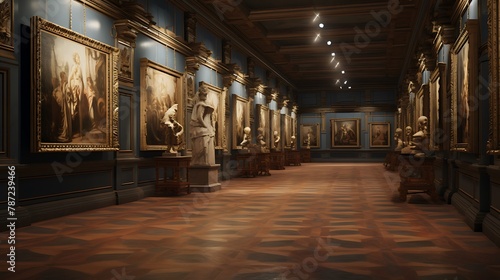Renaissance Art Gallery: an art gallery-inspired space with intricate frescoes, marble columns, and dramatic lighting, showcasing a collection of Renaissance artworks