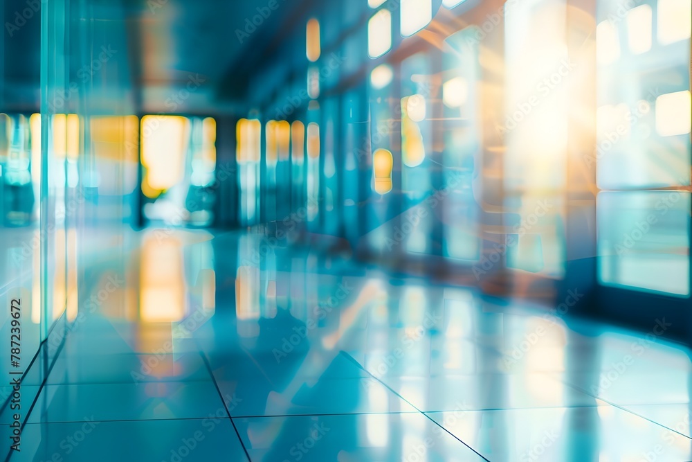 Blurred Corridor of Luminous Glass Walls in a Modern Business Office Building Blurred Corridor of Luminous Glass Walls in a Modern Business Office Building
