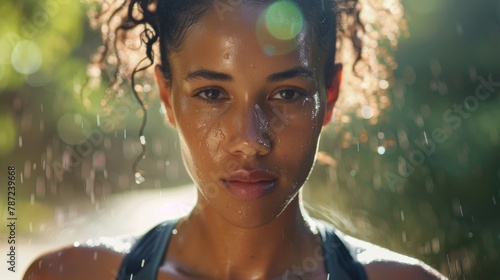 Closeup of a womans sweatdrenched face as she jogs along a scenic path the determination in her expression a testament to the importance of regular physical activity for overall health. .