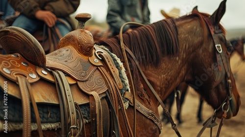 Scenes of a rodeo and horse show in the preparatory stages showcasing saddle attire stirrups and brown horses Embracing outdoor living affluent rural lifestyle stylish men meeting at nearby