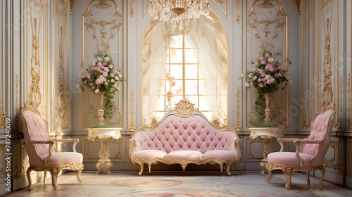 Rococo Inspired Salon:  a Rococo-style salon with pastel-colored walls, ornate gilded furniture, and delicate floral motifs, reflecting the elegance and extravagance of 18th-century France
