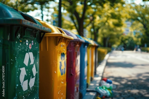 A row of colorful trash cans with recycling symbols. Generate AI image