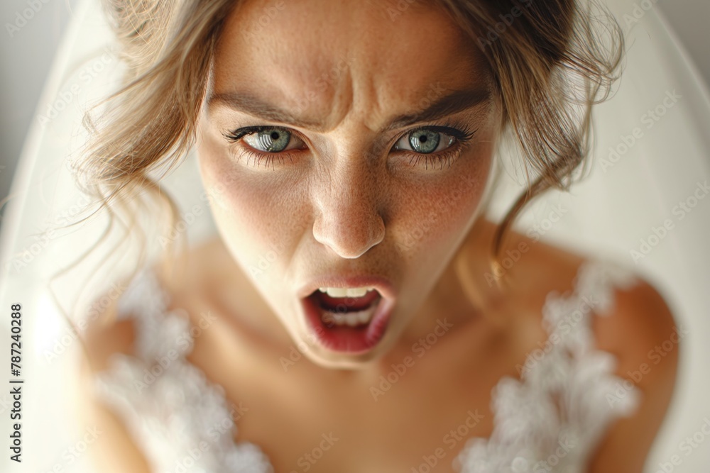 Portrait of irritated angry bride woman in beautiful white wedding dress Portrait of irritated angry bride woman in beautiful white wedding dress