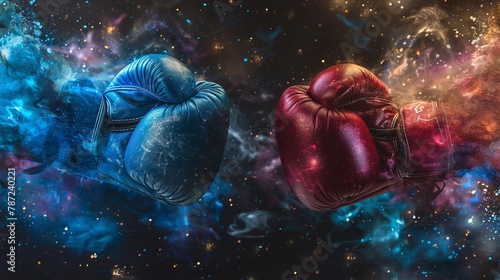 Wide poster of famous boxing gloves fight with  vs  letters for versus in center photo