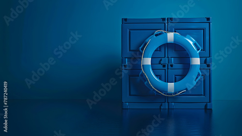 Lifebuoy with blue containers on blue background with copy space Marine cargo shipment or freight insurance in global shipping and logistic industry Insurance is risk management contro : Generative AI photo