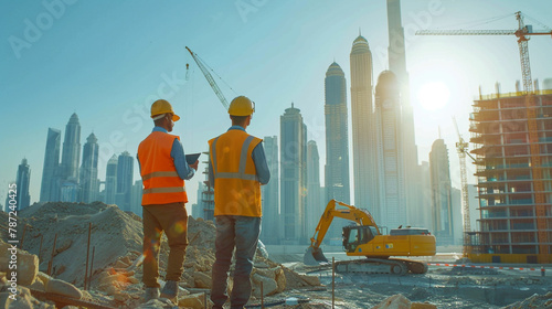 Two engineers at a construction site, bathed in sunlight, use a tablet to oversee development against a modern metropolis skyline.