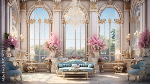 Rococo Parisian Salon: an extravagant Parisian salon with pastel-colored walls, ornate furniture, and elaborate crystal chandeliers, capturing the essence of Rococo elegance and sophistication 