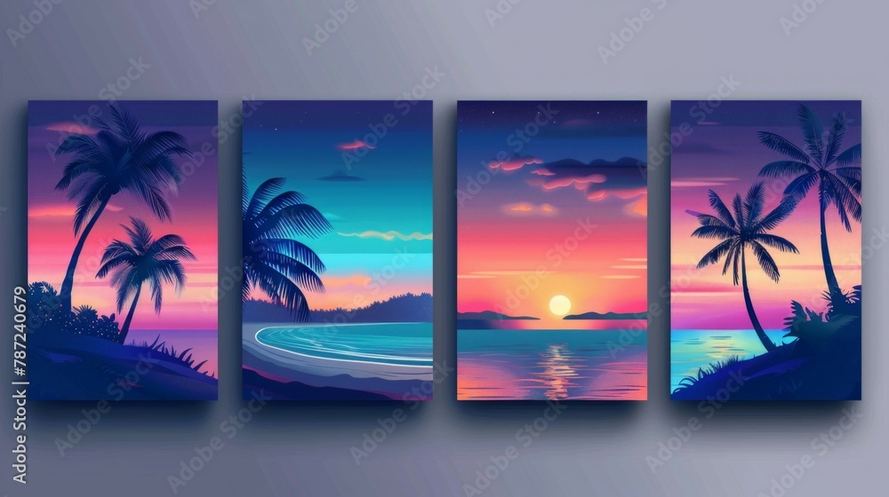 Collection of tropical and ocean beach landscapes poster set