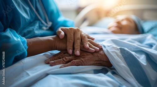 Compassionate Care in Soft Hospital Light: Nurse's Gentle Hold on Elderly Patient's Hand